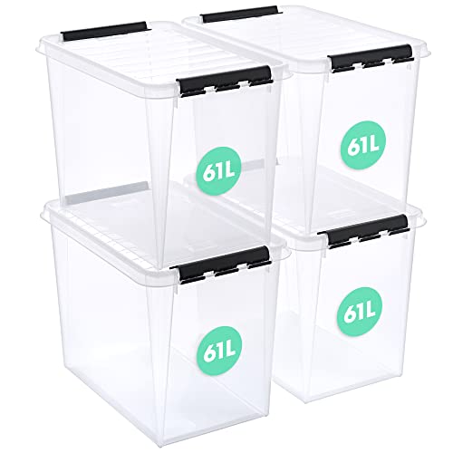 SmartStore aufbewahrungsbox mit deckel groß, 61 l, 4er-Pack, verstärkt, transparent, für Lebensmittel geeignet, mit Clipverschluss, stapelbar, BPA-freies Plastik, 59 x 39 x 43 cm (L x B x H) von SmartStore