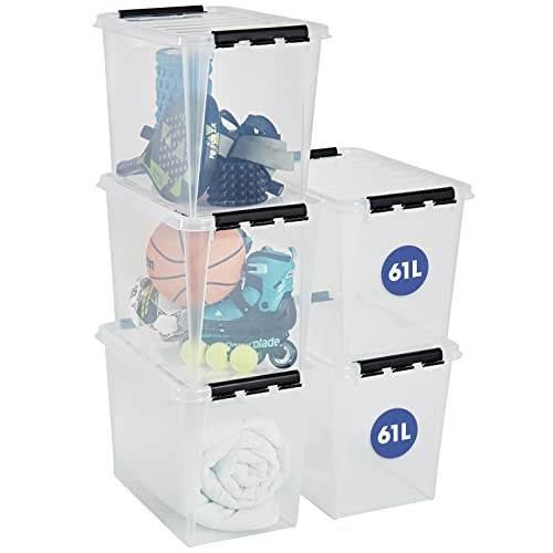 SmartStore aufbewahrungsbox mit deckel groß, 61 l, 5er-Pack, verstärkt, transparent, für Lebensmittel geeignet, mit Clipverschluss, stapelbar, BPA-freies Plastik, 59 x 39 x 43 cm (L x B x H) von SmartStore