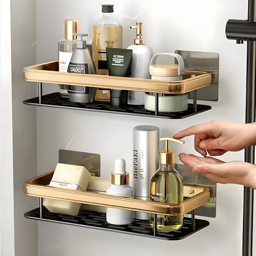 SmartSwift Duschablage ohne Bohren – Badezimmer Organizer – 2 Ablagen im einzigartigem Design – rostfrei, hohe Kapazität und einfache Installation (Gold & Schwarz) von SmartSwift