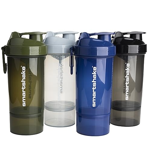 Smartshake O2GO 4er-Pack Protein Shaker Flasche mit Pulverfach 600 ml | 20 oz – Auslaufsicherer Schraubdeckel – BPA frei – Unisex Gym Shaker – Nebelgrau, Armeegrün, Schwarz, Marineblau von Smartshake