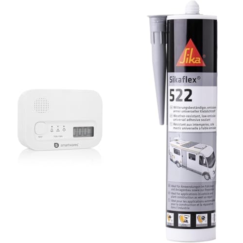 Smartwares Kohlenmonoxid melder, 10 Jahre Sensor, mit Display und Testknopf - FGA-13041 & Sikaflex 522 Caravan stahlgrau 300ml STP universeller Klebstoff, Dichtstoff, UV von Smartwares