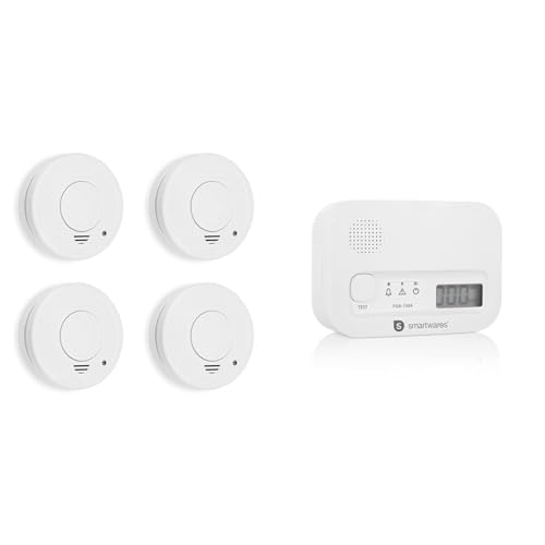 Smartwares Rauchmelder - 10 Jahren Lebensdauer - TÜV geprüft- DIN EN 14604 Zertifiziert - 10.100.41-4er Pack & Kohlenmonoxid melder, 10 Jahre Sensor, mit Display und Testknopf - FGA-13041 von Smartwares