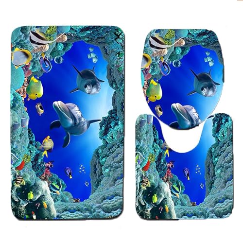 Smavles Badezimmer Set Vorleger 3 Teilig Badematten Waschbar Badvorleger Ozean Stil Unterwasserwelt Dolphin Carpe Wc Matte 3D Dolphin Print Badteppich Set von Smavles