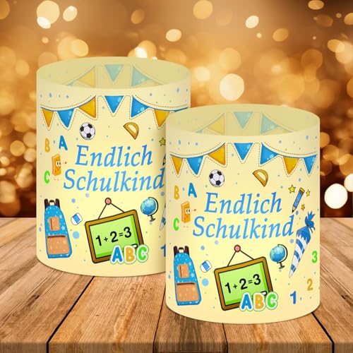 12 Windlicht Tischdeko Einschulung Junge, Meine Einschulung Tisch Deko, Einschulung Schulkind Windlichter Tischdeko, Schulanfang Deko Blau, Geeignet für Teelichter oder Kerzen von Smdbzda