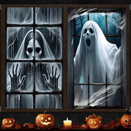 2 Stück Halloween Deko Gruselig Fensterbilder, 120 x 80cm Halloween Horror Fenster Deko, Halloweens Fensterabdeckung, Gruselig Fensterbilder, Party Horror Deko Accessoires für Indoor Aussen von Smdbzda