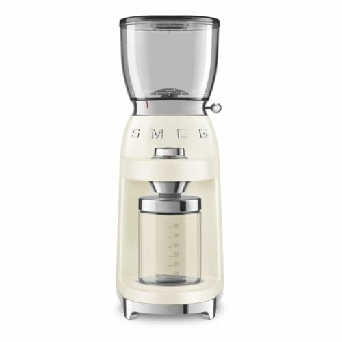 SMEG, Kaffeemühle CGF11CREU, konisches Edelstahlmahlwerk, 30 Mahlgrad Einstellungen, 350 g Kaffeebohnenbehälter, Premium Aluminium-Druckgussgehäuse, 150W, Creme von Smeg