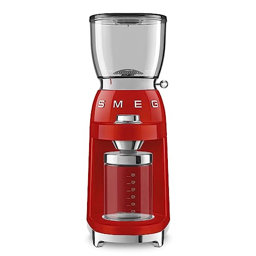 SMEG, Kaffeemühle CGF11RDEU, konisches Edelstahlmahlwerk, 30 Mahlgrad Einstellungen, 350 g Kaffeebohnenbehälter, Premium Aluminium-Druckgussgehäuse, 150W, Rot von Smeg