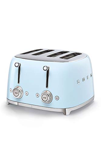 SMEG, 4-Schlitz-Toaster TSF03PBEU, 4 extra breite Toastschlitze, 2 x 6 Röstgradstufen, 2 x 3 Automatikprogramme: Aufwärmen, Auftauen und Bagel-Funktion, Herausnehmbare Krümelschublade, 2000W, Blau von Smeg