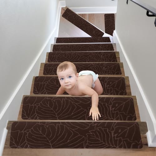 Treppenstufen Matten, Anti-Rutsch Treppenmatten für Holztreppe, Selbstklebend Treppenteppich Rutschmatte Teppich, Sicherheit Stufenteppich Rutschfeste Stufenmatten für Kinder 76X20cm (15PCS-04) von Smgbway
