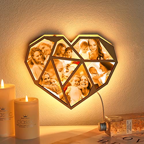 Smile lab Personalisierte Herz Fotolampe mit 7 Bilder Led USB aus Holz Acryl Nachtlicht mit geometrischen Formenaus Dekoration Geschenk für Familie Freunde Muttertag Vatertag von Smile lab
