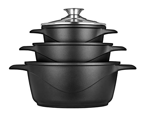 Smile MGK-18 6 Piece Cast Aluminium Induction Cookware Set with 3 Saucepans, Tempered Glass Lid, Non-Stick Coating, Suitable for All Hobs, PFOA Free, 1 Liter, Schwarz von Smile