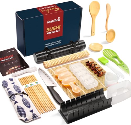SmileTools Sushi-Bastelset, 28-in-1 [Eltern-Kind] Sushi-Roller-Set mit Bambusmatten, Sushi-Bazooka, Nigiri-Gunkan-Sushi-Form, Musubi-Macher, Reisballform und mehr von SmileTools