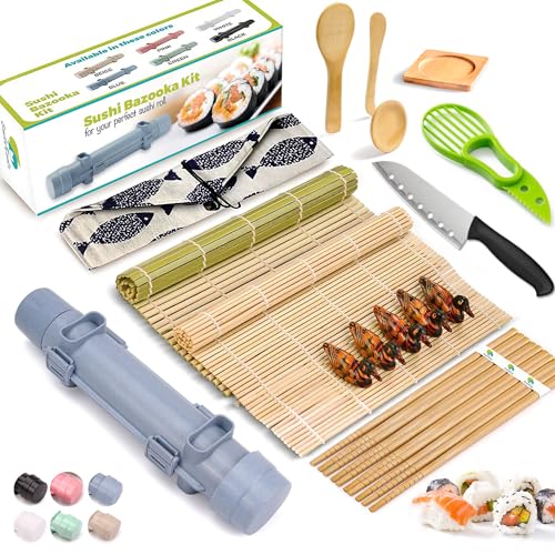 Sushi-Bastelset für Anfänger – 21-teiliges DIY-Sushi-Roller-Set mit Bambus-Sushi-Rollmatte, Sushi-Bazooka, Kochmesser, Essstäbchen, Halter – Bestes Starter-Sushi-Kit (blau) von SmileTools