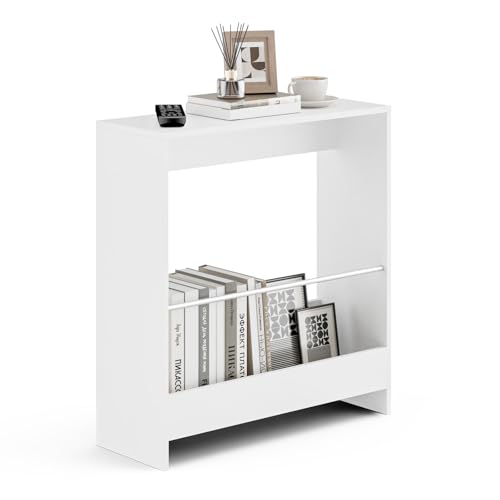 2 Ebenen Beistelltisch schmal,Nachttisch schmal mit Zeitschriftenregal,Couchtisch klein Sofatisch klein,Platzsparendes Moderne Kleiner Beistelltisch,für Wohnzimmer, Schlafzimmer, Arbeitszimmer (Weiß) von Smilesea