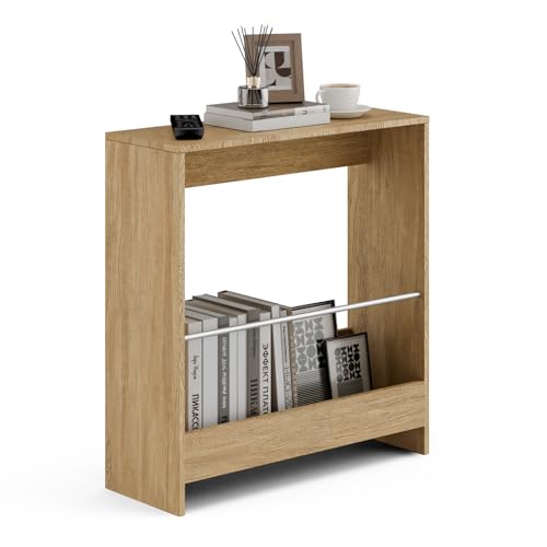 2 Ebenen Beistelltisch schmal,Nachttisch schmal mit Zeitschriftenregal,Couchtisch klein Sofatisch klein,Platzsparendes Moderne Kleiner Beistelltisch,für Wohnzimmer, Schlafzimmer, Arbeitszimmer (Eiche) von Smilesea