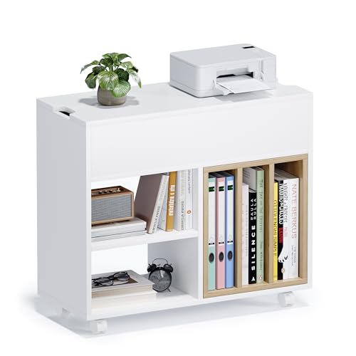 Aktenschrank mit 4 Rollen,Rollcontainer mit Abnehmbarer Bücherablage,Mobiler Büroschrank 2 Klappdeckeln offenen Fächern,Druckertisch,Holzschrank für Büro Arbeitszimmer Wohnzimmer,70 * 62 * 30cm,weiß von Smilesea