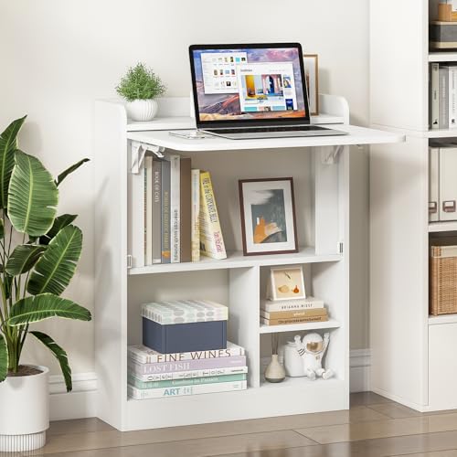 Klappbarer Schreibtisch,Wandtisch Computertisch mit Ablagen,Wandschreibtisch,Schwebender Laptoptisch,Platzsparender Schreibtisch Arbeitstisch,Bürotisch,für Homeoffice und Büro,64x20x82cm, Weiß von Smilesea