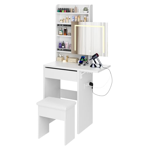 Schminktisch mit LED-Beleuchtung,Einstellbarer Helligkeit,Frisiertisch mit Schiebespiegel und Steckdosen,Kosmetiktisch mit Hocker, klappbarer Tischplatte,Schubladen,offenen Fächern,Schlafzimmer,Weiß von Smilesea