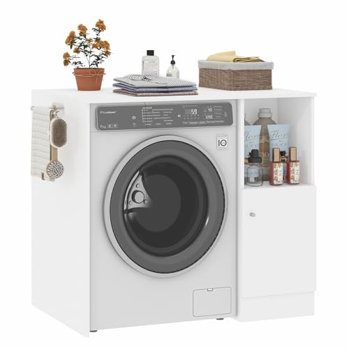 Waschmaschinenschrank mit Offenes Fach&Schran,Waschmaschine Schrank mit Seitenstange, Waschmaschinenüberbau,Holz Waschmaschinenregal Badezimmerschrank, für Badezimmer und Waschküche, 96x66x88cm,Weiß von Smilesea