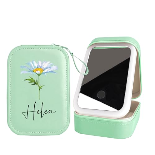 Personalisierte Geburtsblumen-Schmuckkästchen mit Spiegel Individuelles Namens-Reise-Schminkkästchen mit Led-Spiegel Leder-Schmuck-Organizer-Box Personalisierte Schmuck Reiseetui für Frauen Mädchen Personalisierte Geburtsblumen-Schmuckkästchen mit Spiegel Individuelles Namens-Reise-Schminkkästchen mit Led-Spiegel Leder-Schmuck-Organizer-Box Personalisierte Schmuck Reiseetui für Frauen Mädchen von Smilets