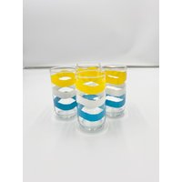 4 Vintage Libbey Streifen Band Becher Gelb Blau Weiß Trinkgläser 70Er Jahre von SmileyFinds1
