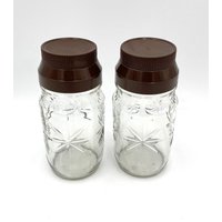Küche Lagerung Mid Century Kanister 2 Vintage Anker Hocking Glas Gläser Starburst Behälter Instant Kaffee Braun Deckel von SmileyFinds1