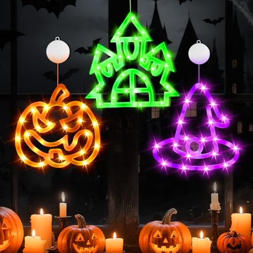 Smilfree Halloween Deko Fensterdeko Innen: 3 Stück Halloween Fenster Lichter Orange Kürbis Grüne Spukhaus Lila Hexenhut mit Saugnapf für Schlafzimmer Wohnstube Küche (KOM-1) von Smilfree
