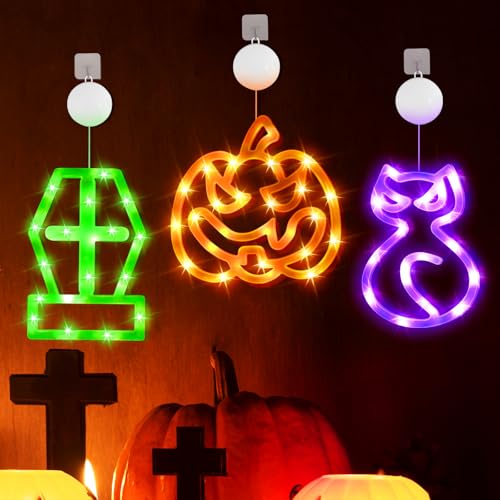 Smilfree Halloween Deko Fensterdeko Innen: 3 Stück Halloween Fenster Lichter Orange Kürbis Grüne Spukhaus Lila Hexenhut mit Saugnapf für Schlafzimmer Wohnstube Küche (KOM-3) von Smilfree