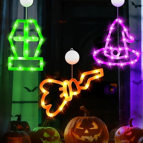 Smilfree Halloween Deko Fensterdeko Innen: 3 Stück Halloween Fenster Lichter Orange Kürbis Grüne Spukhaus Lila Hexenhut mit Saugnapf für Schlafzimmer Wohnstube Küche (KOM-4) von Smilfree