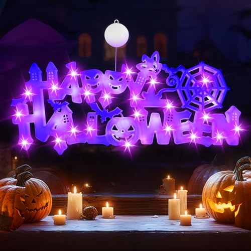 Smilfree Halloween Deko Fensterdeko Innen: 3 Stück Halloween Fenster Lichter Orange Kürbis Grüne Spukhaus Lila Hexenhut mit Saugnapf für Schlafzimmer Wohnstube Küche (Kom-222) von Smilfree