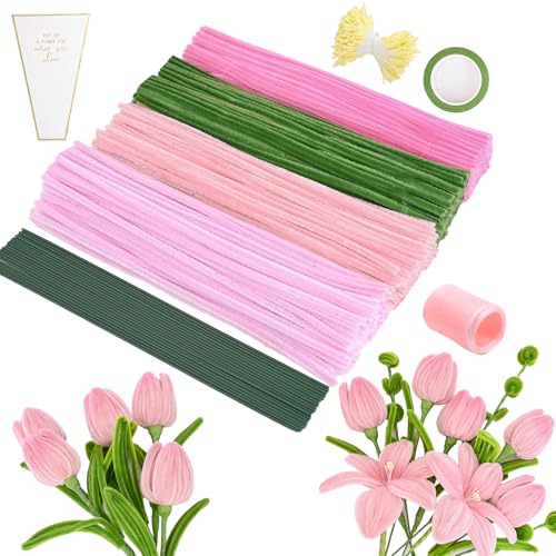 Smilfree Rosa Tulip Pfeifenreiniger Blumen Set: 400 Stück Pfeifenreiniger Blumen, DIY Pfeifenputzer zum Basteln Dekoration mit Blumendraht, Geschenk für Erwachsene & Bastelfreunde von Smilfree