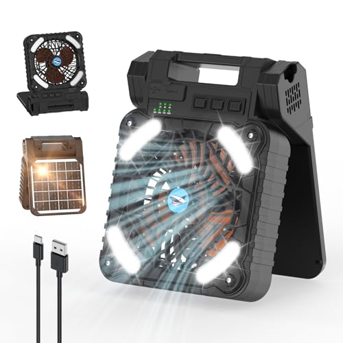 Smiling Shark Camping Ventilator LED, 6000mAh USB Aufladbar Tragbar Zelt Ventilator light 4 Speeds & 3 Timer 90° Faltbare Kabellos Solar LED Camping Fan with Power Bank für Reisen Fishing Wandern von Smiling Shark