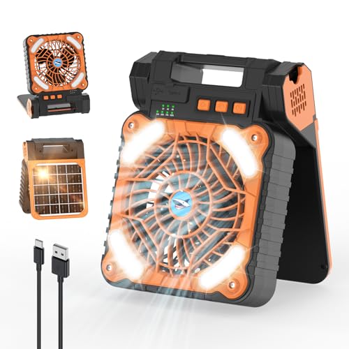 Smiling Shark Camping Ventilator LED, 6000mAh USB Aufladbar Tragbar Zelt Ventilator light 4 Speeds & 3 Timer 90° Faltbare Kabellos Solar LED Camping Fan with Power Bank für Reisen Fishing Wandern von Smiling Shark
