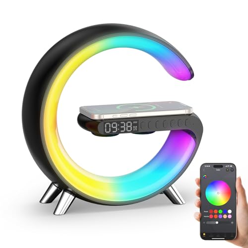 Smiling Shark Lichtwecker, Intelligente Wecker Licht Atmosphärenlicht mit Kabelloses Ladegerät Bluetooth Lautsprecher Dimmbar Naturgeräuschen App Steuerung Sonnenaufgang Licht Wecker für Wohnzimmer von Smiling Shark