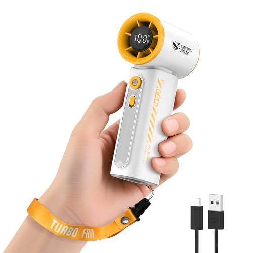 Smiling Shark TF-02 Tragbarer Turbo Handventilator, 1-100 Stufen Einstellbare Tragbarer Mini Handventilator [12Hrs Max] mit LED Anzeige/Lanyard/Basis, 2-in-1 Hand/Tischventilator für Outdoor Indoor von Smiling Shark