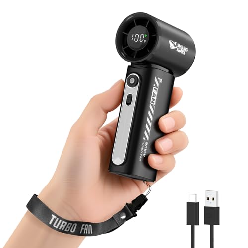 Smiling Shark TF-02 Tragbarer Turbo Handventilator, 1-100 Stufen Einstellbare Tragbarer Mini Handventilator [12Hrs Max] mit LED Anzeige/Lanyard/Basis, 2-in-1 Hand/Tischventilator für Outdoor Indoor von Smiling Shark