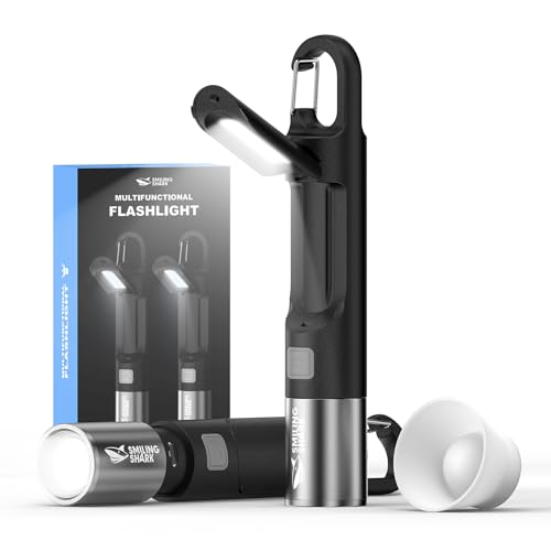 Smiling Shark Taschenlampe, G2 2 Stück Taschenlampen LED Aufladbar Extrem Hell mit COB Seitenlicht & Haken und Difusor, 3 Modi Zoombar Kleine Starke Taschenlampe Akku für Camping/Notfälle, Schwarz von Smiling Shark