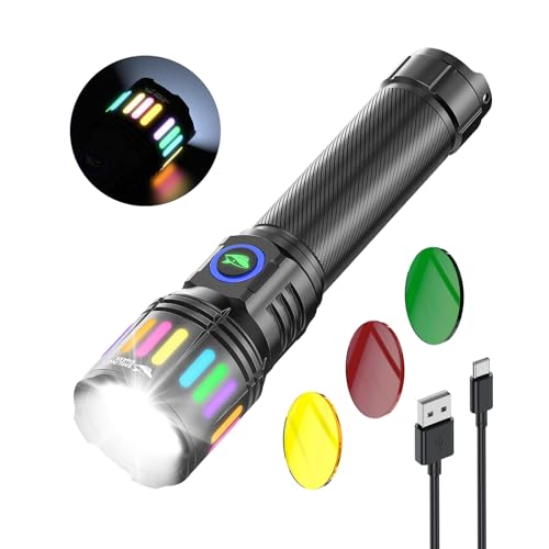 Smiling Shark Taschenlampe, M1 Taschenlampe LED Aufladbar und 4 Modi & Zoombare【3 Farbige Linsen】 Mini Taschenlampen Extrem Hell für Camping/Wandern/Zuhause/Notfälle, Schwarz von Smiling Shark
