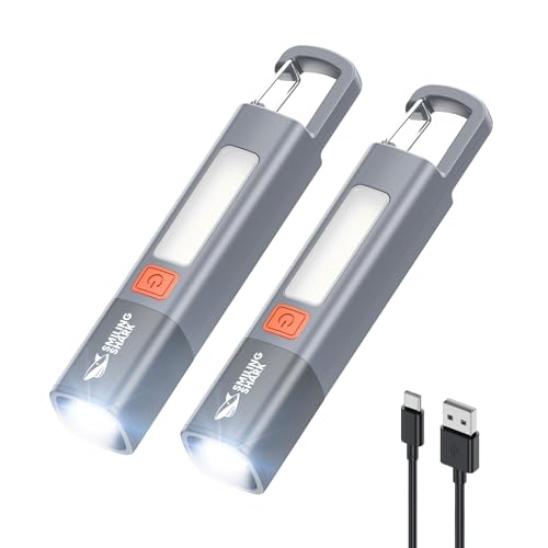 Smiling Shark Taschenlampe,2 Stück Taschenlampen Aufladbar LED mit 3 Lichtmodi & Haken & Zoombar & Wasserdicht 2-in-1 Mini Flashlight mit Seitenlicht für Camping/Haus/Notfälle,G1 (grau) von Smiling Shark