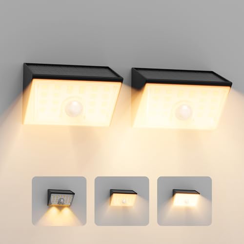 Smiling Shark WL-06 Solarlampen für Außen, 2 Stück Solar Wandleuchte Aussen mit Bewegungssensor 4 Modi & 120° IP65 Wasserdichte LED Super helle Solarleucht für Garten Terrasse Zaun, Warmlicht von Smiling Shark