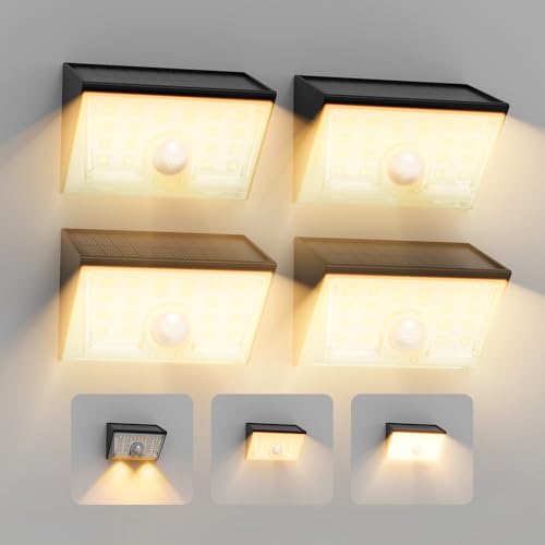 Smiling Shark WL-06 Solarlampen für Außen, 4 Stück Solar Wandleuchte Aussen mit Bewegungssensor 4 Modi & 120° IP65 Wasserdichte LED Super helle Solarleucht für Garten Terrasse Zaun, Warmlicht von Smiling Shark