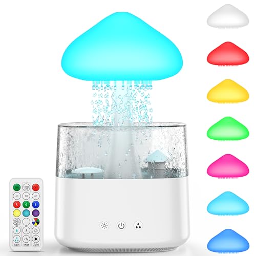 Regenwolken Luftbefeuchter 450ML Wasser-Tropfpilz-Luftbefeuchter mit Fernbedienung mit 3 modi und 7 Farben, LED-Lichtern Aroma Diffuser Weißer Lärm-Regentropfen-Luftbefeuchter für Schlafzimmer von Sminiker