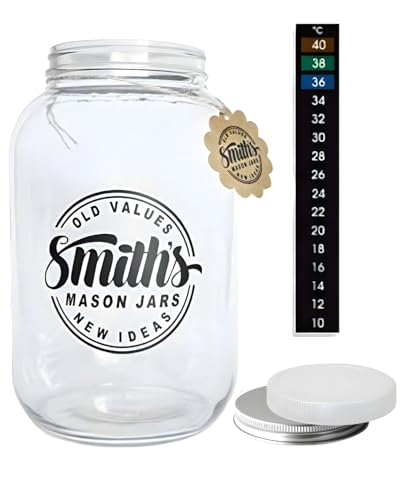 Smiths Mason Jar – 1 Gallone (135oz/4L) Wide Mouth Jar mit 2x Schraubdeckel (Metall & Plastik), Glasgefäß zum Einlegen, Konservieren von Lebensmitteln, Keksvorratsbehälter, für Kombucha. von Smiths Mason Jars