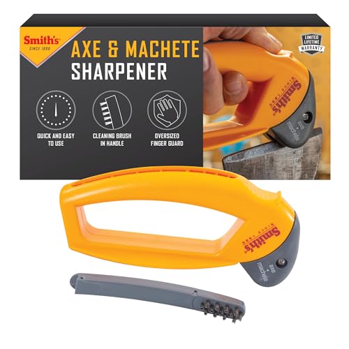 Smith's 50582 Axt- und Machetenschärfer, für Äxte, Beile, Macheten und Rasenmäher, großer Griff mit Fingerschutz, manuelle, handgeführt, austauschbare Hartmetall-Klingen, Reinigungsbürste mit von Smith's