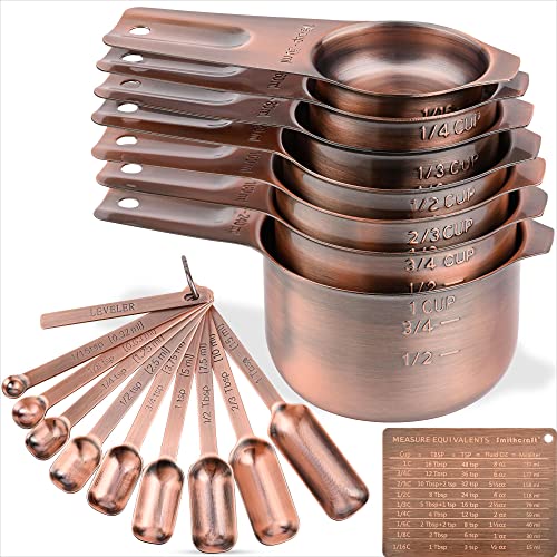 Smithcraft Messbecher- und Löffel-Set, Kupfer-Messbecher und Löffel-Set für trockene und flüssige Flüssigkeiten, metrisch und US 7 Edelstahl, Messbecher & 9 Löffel, Nivellierer und Mess-Enquivalente von Smithcraft