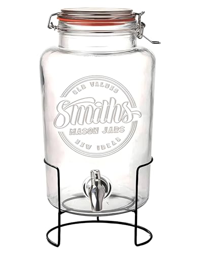 Smith's Mason Jars 5 Liter Getränke oder Wasserspender mit Edelstahl-Zapfenhahn, herausnehmbaren Netzfiltern und Metallständer | Ideal für Limonade, DIY Getränke, frisches Obst und Kräuter von Smiths Mason Jars