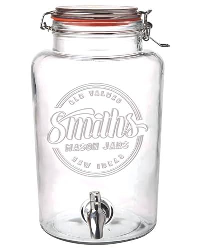 Smith's Mason Jars 5 Liter Getränke oder Wasserspender mit Edelstahl Zapfhahn, herausnehmbaren Netzfiltern, ideal für Limonade, selbstgemachte Getränke, frisches Obst und Kräuter (ohne Ständer) von Smiths Mason Jars