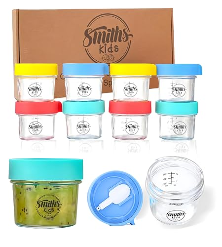 Smiths Kids Mason Jars - Auslaufsichere Glas-Mikrowellenlagerung - Tragbare luftdichte Behälter zum Einfrieren von Babynahrung mit Deckel und zusammenklappbarem Löffel - Set von 8 von Smiths Mason Jars