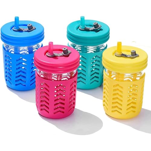 Smiths Mason Jars (NEW) Set of 4 Spill Proof Glass Jars 8oz or 235ml with Silicone Sleeves & Reusable Straws Mini - Toddler Sippy Cups, Snack Pot, Kids' Smoothies, ideal for picnics. von Smiths Mason Jars