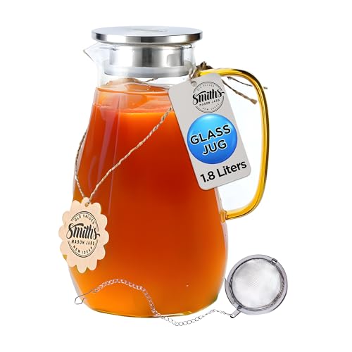 Smiths Mason Jars 1.8L Glas Wasserkrug mit Infusor - Stilvoller Wasserkrug mit abnehmbarem 2-Wege-Deckel und Tee-Ei, vielseitig einsetzbar für heiße bis kalte Getränke von Smiths Mason Jars